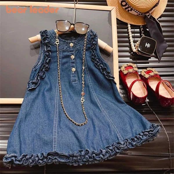Bear Leader Summer 2024 New Girl Fungus Edge Solid Color Three-Button Classic Denim Sleeveless Vest DressT260313