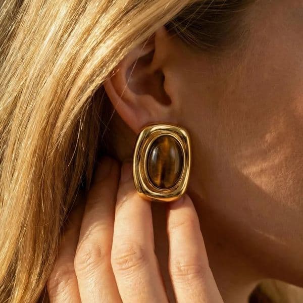 y Vintage Tiger Eye Black Stone Stainless Steel Stud Earrings For Women Statement 18K Gold Plated French Autumn Jewelry 260309