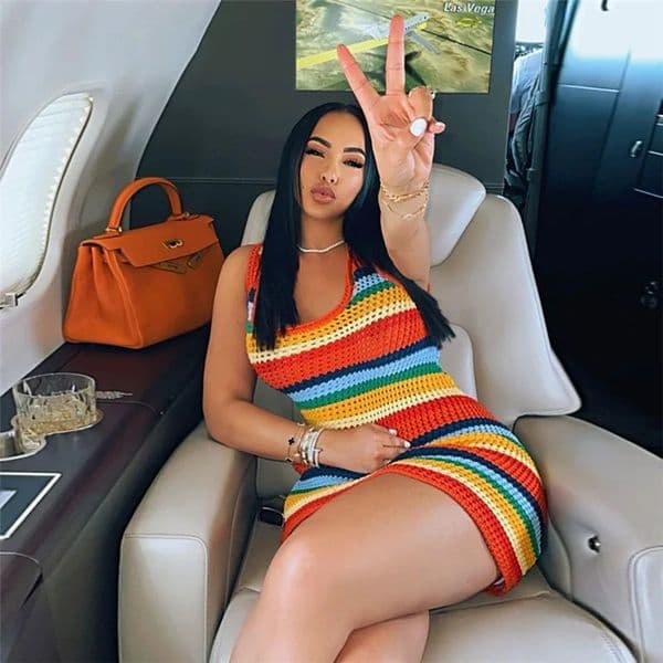 Women Panelled Striped Knitted Hollow Out Mini Dress Casual Tank Sleeveless Bodycon Girl Streetwear Outfit 260313