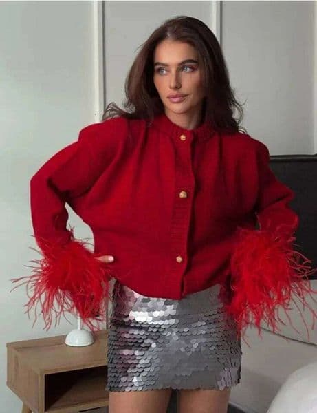 Casual Spliced Feather Knitted Cardigan For Women Fashion Single Breasted Long Sleeved Red Sweater Autumn Lady Outerwear Z260313