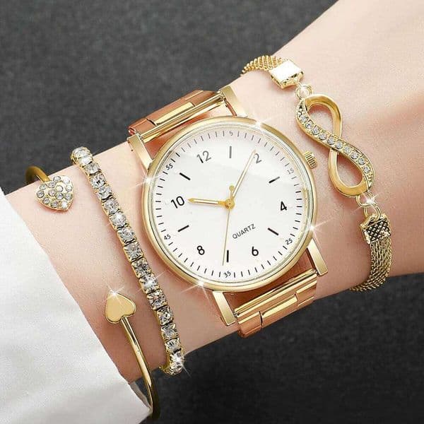 4PCS/Set Fashion Arabic Dial Women Quartz Watch Alloy Band Ladies Wristwatch Rhinestone Bracelets Set Reloj MujerWithout Box Z260314