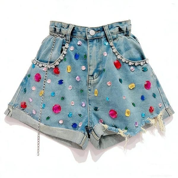 Women's Shorts Diamond Decor Denim For Women Streetwear Design Hole Sequin Fashion All-Matched Jeans Summer Casual Loose Pants