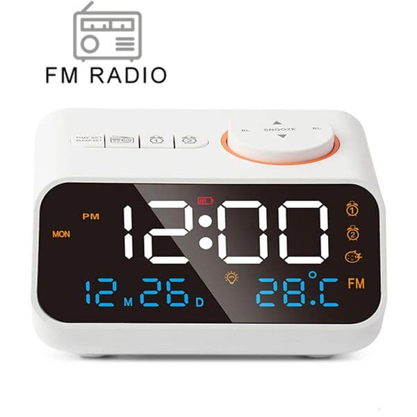 Mordern FM Radio LED Alarm Clock for Bedside Wake Up Digital Table Calendar with Temperature Thermometer Humidity Hygrometer 260312
