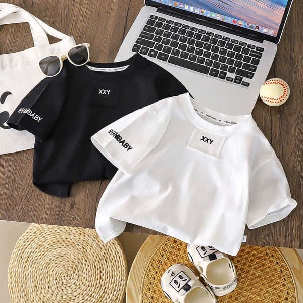 Children's pure cotton embroidered short-sleeve T-shirt, stylish and cool, loose fit, white, for baby boys, summer top