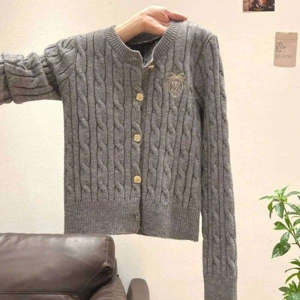 Twist Knitting Grey Embroidered Preppy-style Sweater Jacket for Women's Autumn Winter Korean Knitted Cardigan Top Buttons Z260313