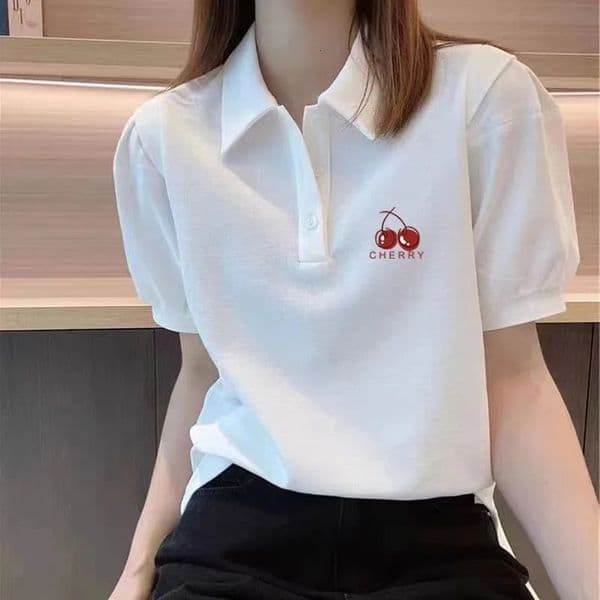 Polo Neck T Shirt for Women White Short Sleeve Woman 100 Cotton Tshirt Summer Outfit Graphic Youthful Clothes High Quality 260312BJ