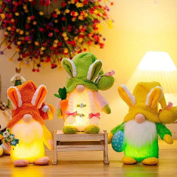 Easter Bunny Holding Carrot Bouquet and Egg Decoration Easter Ball Hat with Light Rudolph Figure Home Ornament Indoor Decoration