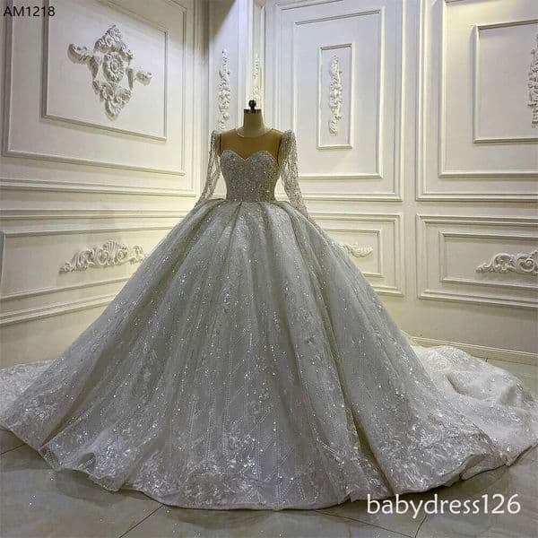 Full Sleeve Lace Sequins Ball Gown Wedding Dress