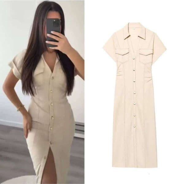 ETJ 2025 summer new women's elegant fashion waist pleated V-neck short-sleeved temperament denim MIDI dress Z260314