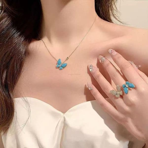 Designer Jewelry Vaney cleef turquoise blue butterfly necklace for women light and clavicle chain a Valentines Day gift for girlfriend or best friend