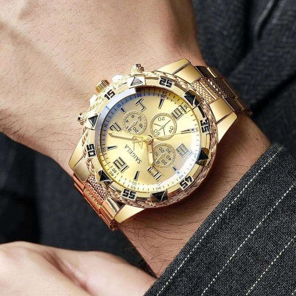 Fashion Men's Casual Arabic Dial Gold Steel Band Male's Quartz Watch