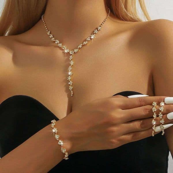 Glam Crystal Tassel Jewelry Set 4Pcs Gold-Plated Choker Necklace Earrings Bracelet for Women Party Wedding Evening Fashion Z260313