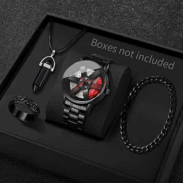 4PCS Fashion Men Sports Watches Jewelry Set Luxury Stainless Steel 3d Car Wheel Dial Quartz Watch Reloj Hombre Without Box