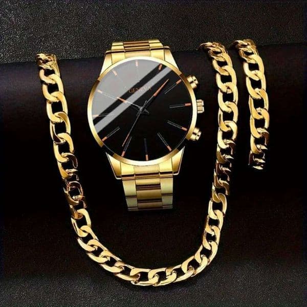 Men 3pcs/set, Casual Fashion Quartz Wrist Watch Necklace Bracelet Sports Men's Watches Set.