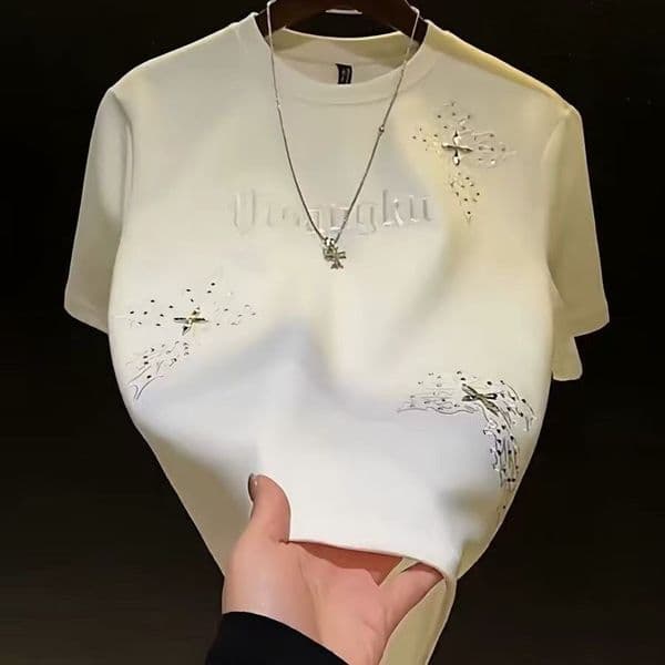 2026 Spring New Embroidered Rhinestone Men's Short Sleeve Shirt Light Luxury Fashion Designer T-shirt Trend Round Neck Polo Designer Hoodie Versatile Loose Sleeve
