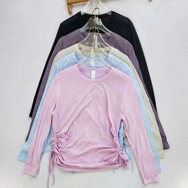 Bamboo Mesh Breathable Drawstring Long-sleeved Top Loose Flesh-covering Sports Gym Cover-up Yoga Fitness Outdoor Running T-shirt 26Y0314