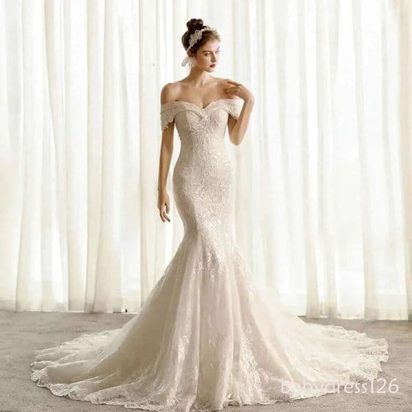 Elegant Sweetheart Off The Shoulder Mermaid Wedding Lace Back Up Train Sweep Custom Princess Bridal Dress