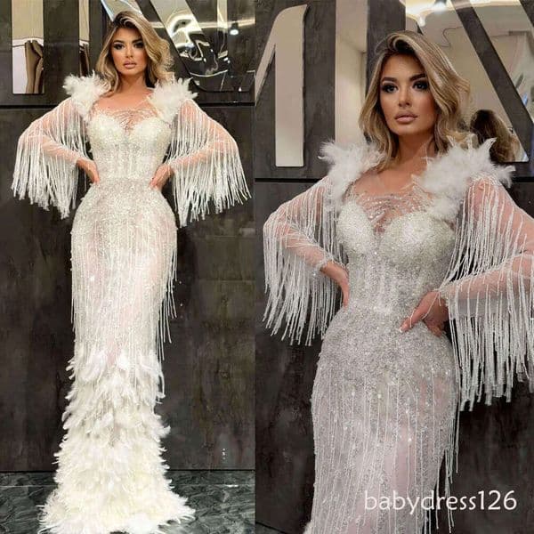 Wedding Dress Mermaid Feather Sequined Tassel Long Sleeve or-Length Princess Bride Vestido De Noiva Custom Made
