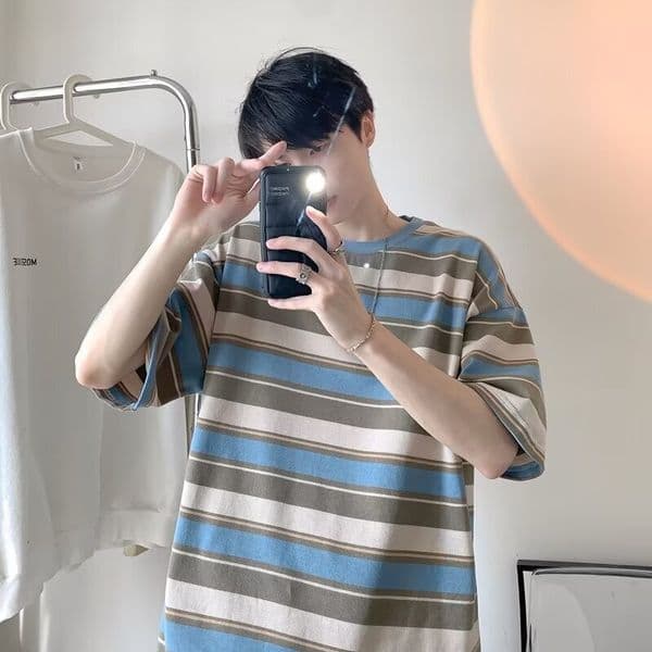Twotone Designer Hoodie Striped Shortsleeve For Men Cotton Designer T-shirt Summer New Style Hong Kong Polo Retro Trendy Loose Casual Top