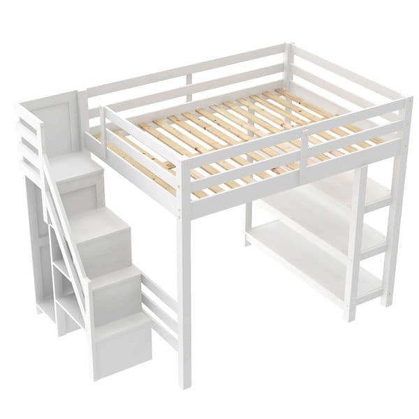 Full Size Loft Bed with Shelves Storage Staircase Small Wardrobe and White LED Light White
