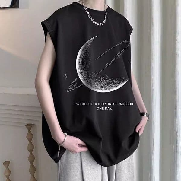 Polo Summer Designer T-shirt New Trendy Moon Print Vest Men's Casual Loose Sleeveless Sports Designer Hoodie Top
