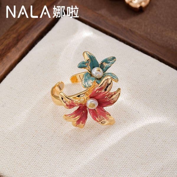 NALA Painted Enamel Gradient Red And Blue Two-Tone Flower Ring, Niche High-End Style, Non-Fading Adjustable Ring High-Quality
