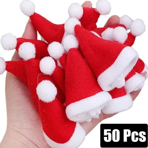 50PCS Christmas Hat For Fork Knife Tableware Decorations Plush Mini Santa Hat Family Party Year Gifts Xmas Hat Small Red Cap 260312