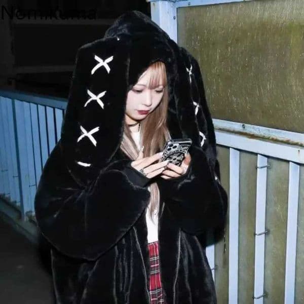 2025 Winter Clothing Womens Jackets Harajuku Rabbit Ears Punk Black Coats Thicked Furry Zipper Oversized Y2k Tops Ropa Mujer L251208DHCY