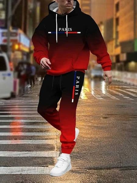 Gradient Color Paris Tracksuit Outfit Mens Street 3D Print Sport Hoodie 2-Piece Autumn/Winter Sweatshirt Sweatpants Set Z260314