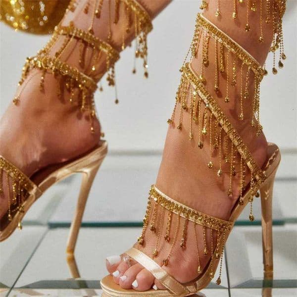 Liyke Elegant Women Wedding Banquet Shoes Fi Crystal Tassel Twining Stiletto Sandals Sexy Open Toe Stripper Heels GoldenXJ260314