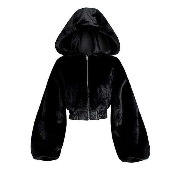 2024 Autumn Winter Long-slved Slim-fitting Strt Style Short High-waisted Fluffy Hooded Jacket Womens Fashion Textured Top L251208QDYC