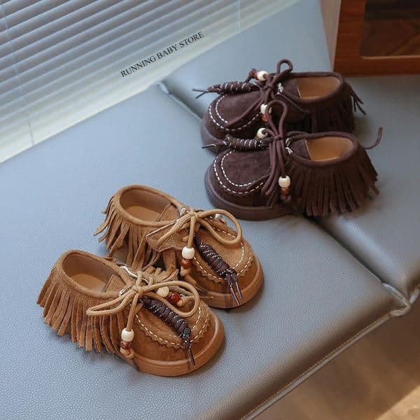 2025 Retro Girls Tassel Suede Leather Shoes Spring Autumn British Style Soft-soled Knot Beads Shoes Slip on Footwear I09265 260311