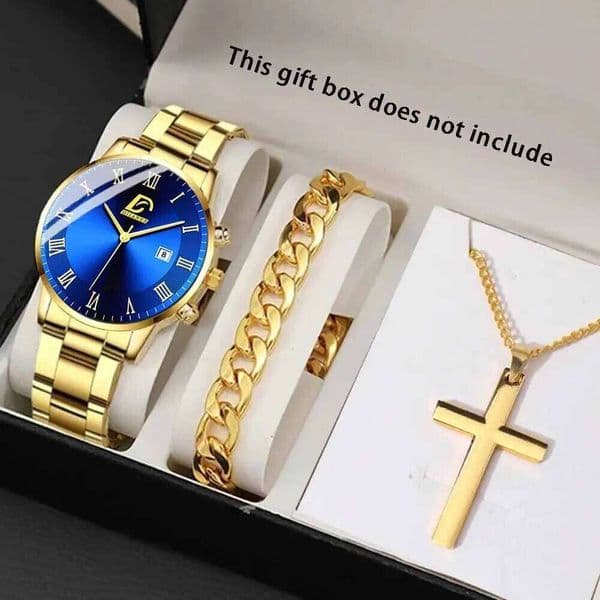 3PCS/set Leisure Fashion Alloy Business Quartz Watch Bracelet Necklace Men's Gift