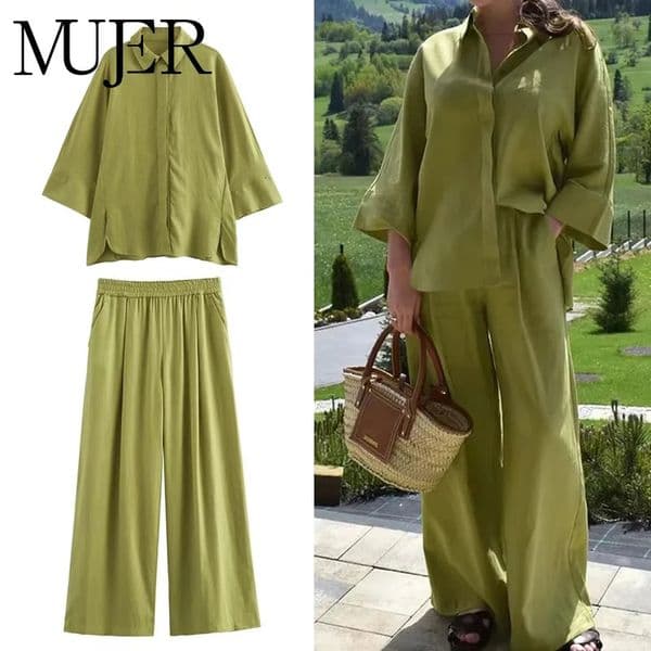MUJER Women Pants Sets Oversize Casual Shirt Fashion Linen Set Woman Two Pieces Wide Leg Baggy Suit Summer Outfit 260312