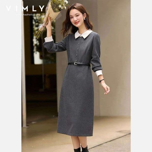 VIMLY Chic Dress for Women Casual Contrast Color A Line Long Dresses 2025 Winter Cuff Buckle Lapel Collar Female Clothing A3391 Z260314