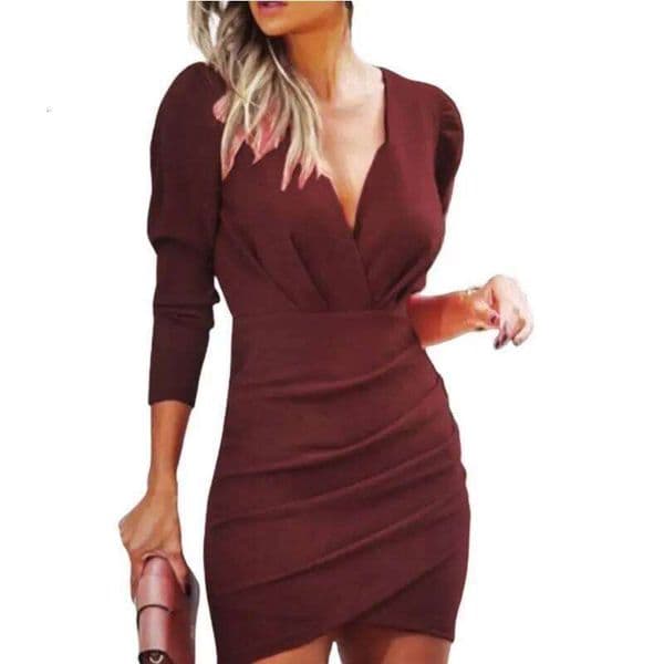 6-Color V-Neck Long Sleeved Slim Women's Solid Color Pleated Sexy Dresses Lady Spring Autumn Birthday Party Mini Dress Z260314