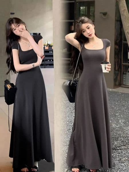 PTKPCC Summer Waistfitted Elegant French Style Womens Grey Short Sleeve Tank Dress Long Sexy 260312BJ