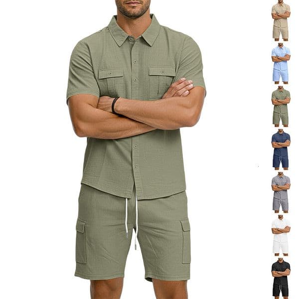 Summer Polo New Men's Solid Designer T-shirt Color Designer Hoodie Collar Shirt With Multipocket Design Sporty Casual Short Sleeve Shorts Set