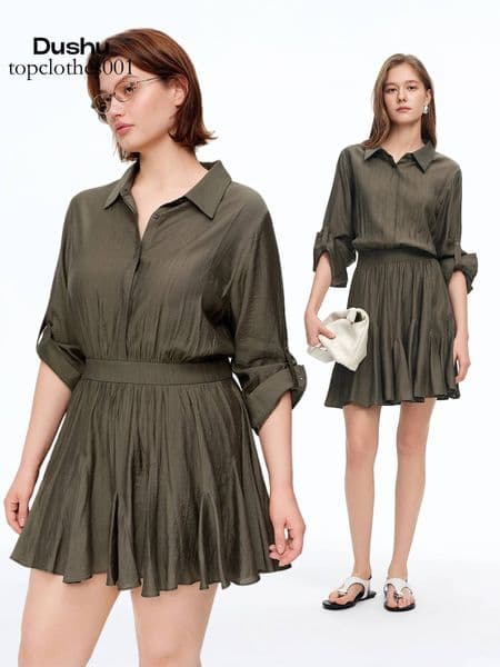 DUSHU 2026 Spring New Women's Shirt Collar Belted Midi Office Chic Wrap Dress for Effortless Elegance & Minimalist Style