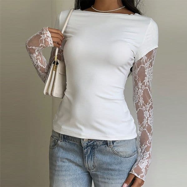 European And Designer Designer Hoodie T-shirt American Women's Clothing Lace Spliced Longsleeve New Model Polo Sexy Slimfit Top