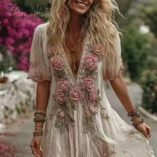 Bohemian Clothes 2025 Spring Retro 3D Flower Swing Pleated Maxi Dress Woman Hollow Deep V Neck Short Sleeve Summer Dresses