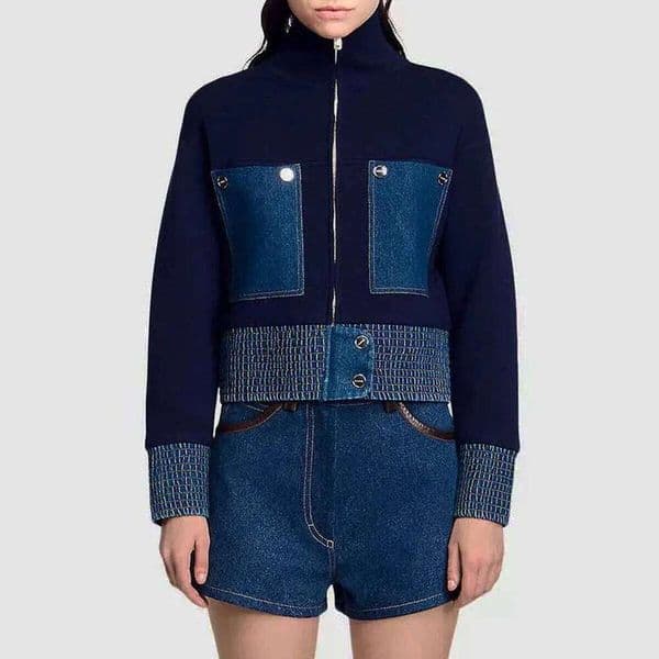 Spring And Autumn New Fashion Stretch Knitted Cowboy Patchwork Front Zipper Half High Collar Fit Casual Women's Coat Top Mdng260315