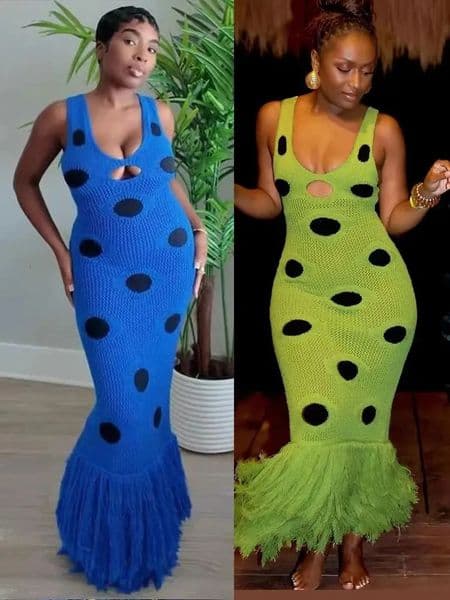 Weird Puss Knit Women Dress Beach Vacation Skinny Stretch Sleeveless Hollow Dot Tassel Hem Elegant Sexy Midnight Maxi Bodycon 260312BJ