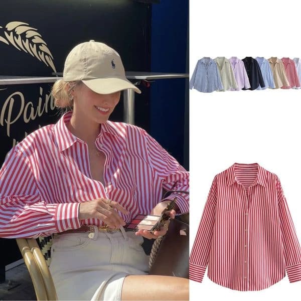 ETJ womens spring EuropeAmerican fashion striped long sleeve lapel loose version poplin shirt multicolor selection 260312