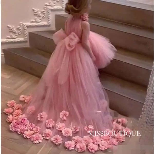 Cute Pink Flower Girls' Dresses Tulle High Neck Bow A Line Hand Flowers Custom Made Pageant Little Girl Pricess Ball Gown 401 B0315