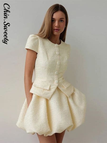 Elegant Womens Short Sleeve Coat Skirts Suit O-Neck Button Petal Skirt Solid Lady Sets Spring Summer Fashion 2 Pieces Set 260310