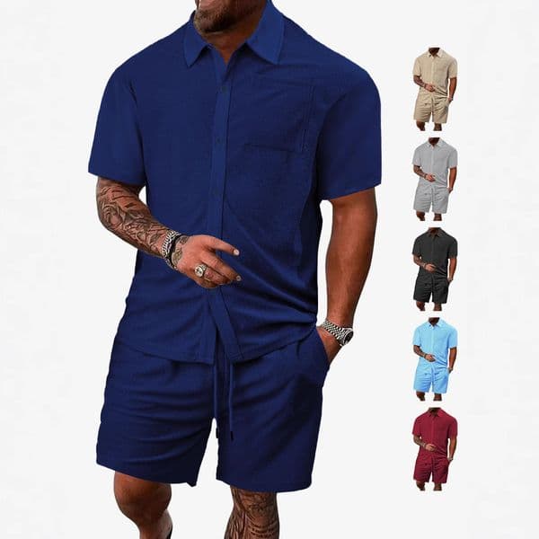 Men's Fashion Polo European And American Summer Designer T-shirt New Casual Button Solid Color Cross Pattern Towel Jacquard Designer Hoodie Short Sleeve Shorts Set