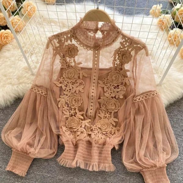Lace Puff Long Sleeve Blouse Vintage Fashion Blouses Elegant Femme Blusas Korean Woman Tops Women Shirts Clothing Drop 260312