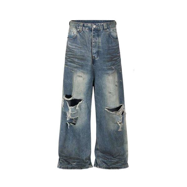 Frayed Damaged Hole Baggy Wide Leg Jeans for Men and Women Streetwear Casual Ropa Hombre Denim Trousers Oversized Cargo Pants 26H0314