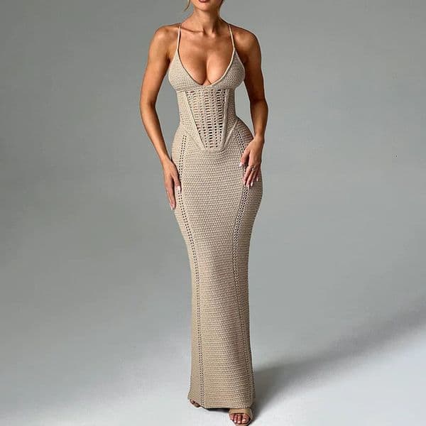Fashion Solid V Neck Slim Fit Knit Maxi Dress Elegant Hollow Out Lace Up Backless Gown Lady Summer Vacation Beach Vestidos 260304